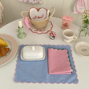 Set de table à carreaux frais et mignons de style japonais et coréen, bordure en dentelle brodée, pur coton, couvre-table de cuisine, table de maison - Product Image 3