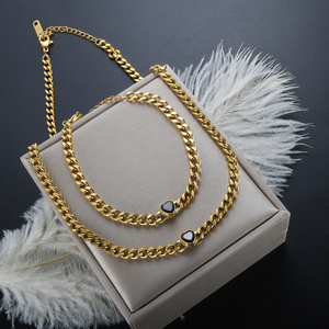 Wasserdichte 18 Karat vergoldete Edelstahl kubanische Kette schwarz kubischen Zirkon Herz Charms Halskette Armband Schmuck Set für Frauen - Product Image 1