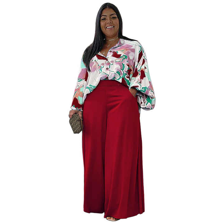 Plus Size Two Piece V Neck Crop Top & Ruffle Wide Leg Pants main image 1
