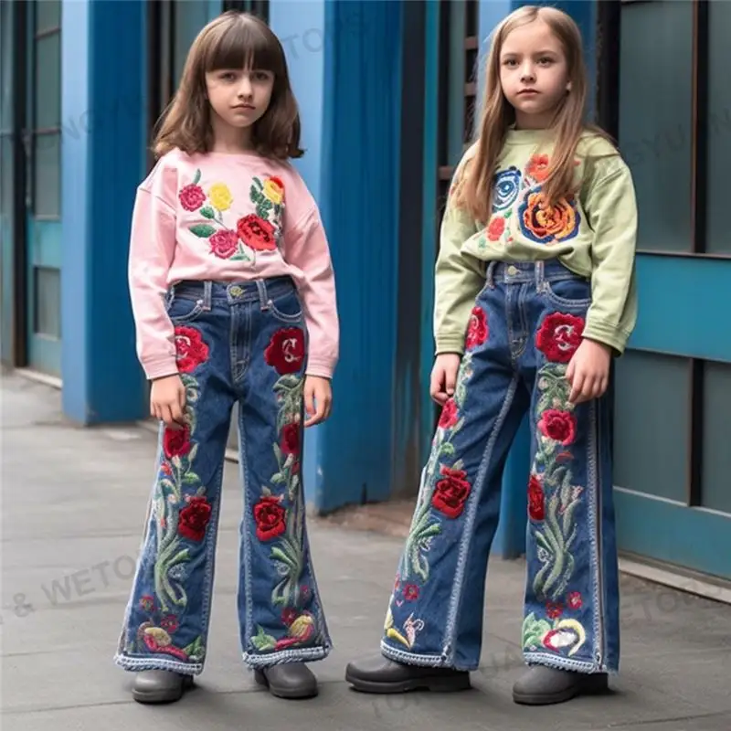 Pantalones vaqueros para niños y niñas, Jeans bordados con campana, venta al por mayor