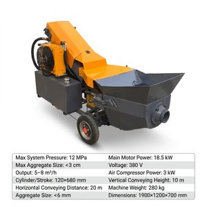 Pompe à béton jaune, moteur 18,5 kW, débit 5-8 m³/h, pression 12 MPa, poids 280 kg, dimensions 1900×1200×700 mm - Product Image 1