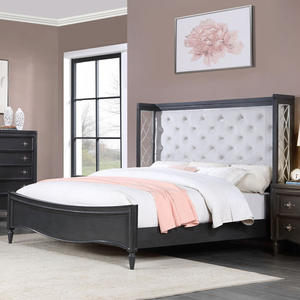 Juego de Muebles de Dormitorio Modernos en Negro y Gris - Cama Tapizada con Mechones - Product Image 1