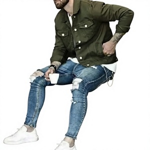 Veste en jean en coton vert olive pour homme, col rabattu, fermeture boutonnée, style décontracté, coupe ajustée, longueur normale, veste décontractée - Product Image 1