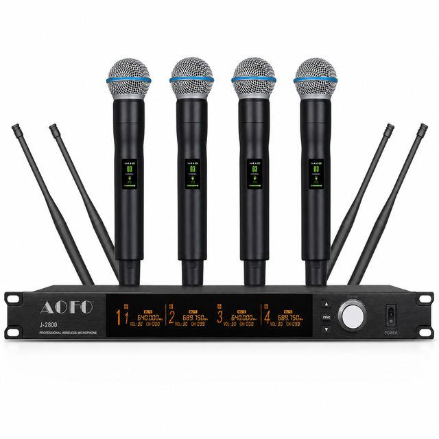 AOFO J-2800 4-Channel UHF Wireless Microphone True Diversity 640-690MHz Bluetooth USB 50Hz-18KHz AA Battery Powered for Stage