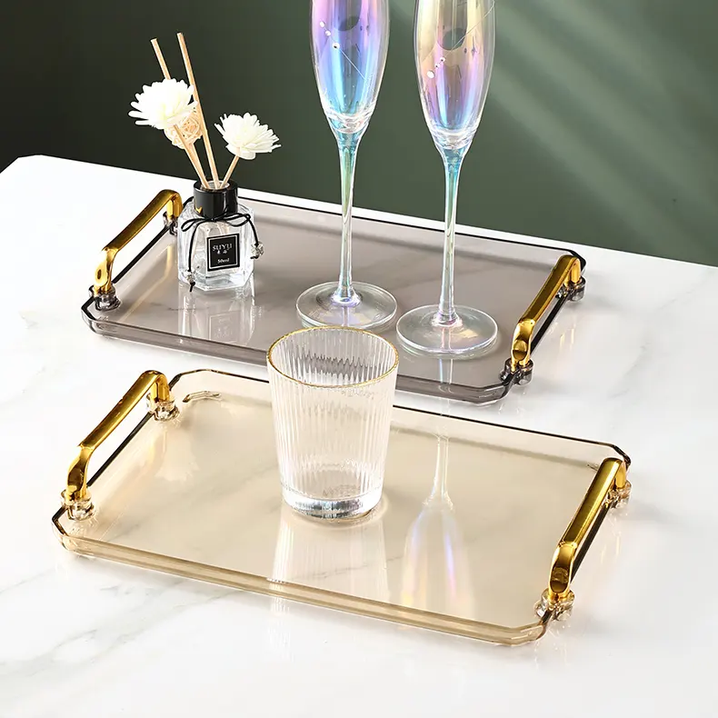 Wholesale cheap Plastic Tray Clear Acrylic Coffee or Tea Tray Serving With Handles