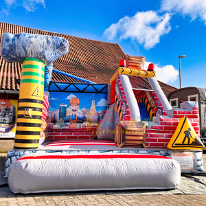 Castillo inflable comercial para niños, con tobogán, para fiestas al aire libre, con diseño de obra de construcción. - Product Image 6