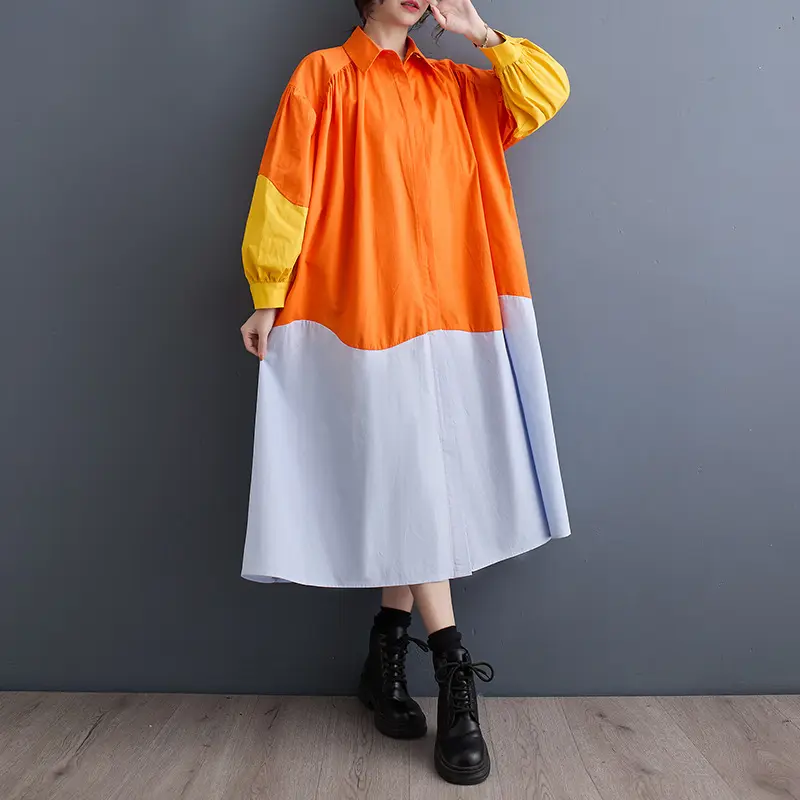 2024 Spring And Summer New Fashion Casual Women Shirt Dress Loose Matching Color Long Lantern Sleeve Midi Dress