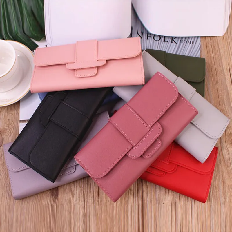 PU Leather Women Wallets Luxury Long Hasp Fold-over Pattern Coin Purses Female Brand Solid Colors New Thin Clutch Phone Bag