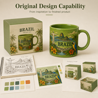 Mug à café en céramique souvenir du Brésil avec logo, boîte, motif perroquet, monument de Rio, tasse à lait/eau en porcelaine florale, personnalisable OEM ODM, vente en gros