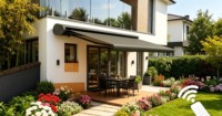 Auvent rétractable électrique à bras courbé avec auvent imperméable et structure en aluminium