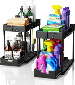 BX 2 Pack Modern Metal & PP Under <b>Sink</b> Dish Drying Storage Double Tier Standing Cabinet <b>Basket</b> Organizer Hooks Kitchen - Product Image 3