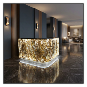Contemporary Polished Stone Reception <b>Desk</b> With Gold Vein Pattern Entry Design - Product Image 1