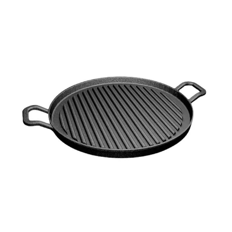 Poêle à griller en fonte avec base en bois Batterie de cuisine Assiette à steak ronde