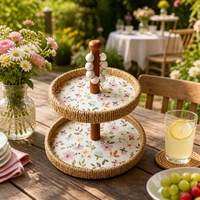 Plateau de service décoratif à 2 niveaux en jonc de mer tressé, style bohème nordique, à motif géométrique, pour gâteaux et thé de l'après-midi