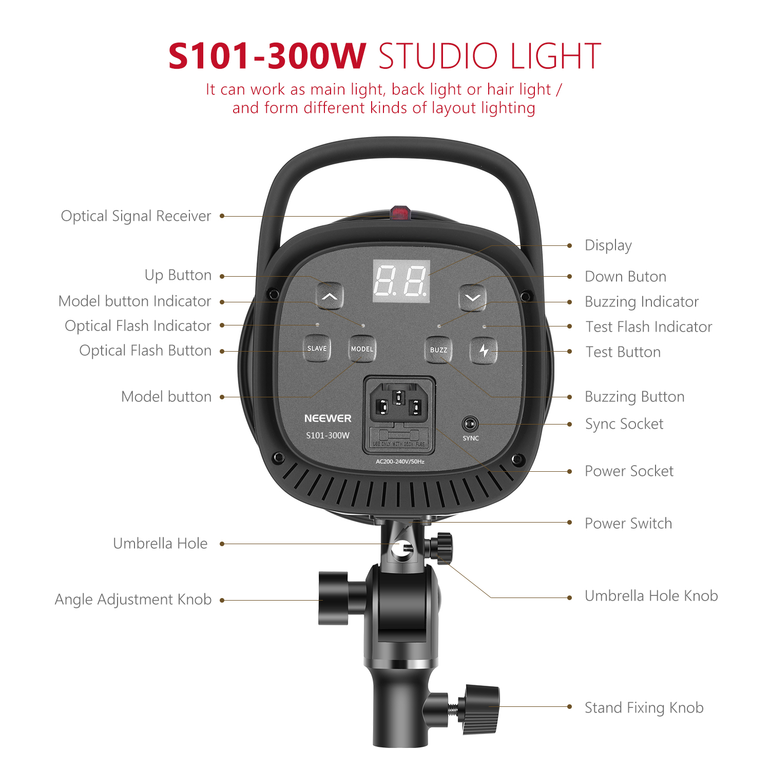 Neewer S101-300W プロフェッショナル スタジオ ムーンライト ストロボ