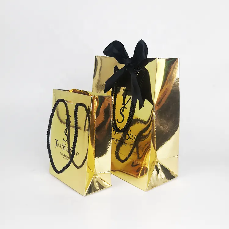 Customizable party event gold glossy paper gift bag with handle creative paper bag