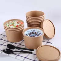 Emballage alimentaire jetable récipient à emporter biodégradable bol à soupe en papier kraft avec couvercle transparent