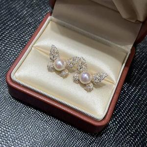 Boucles d'oreilles papillon en perles Akoya, 7-8mm, rondes, en argent 925, avec accents de cristal, bijoux de mariage pour femmes - Product Image 1
