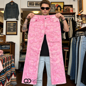 <span class=keywords><strong>Jeans</strong></span> de Mezclilla Rosa Vintage para Hombre, Personalizados OEM, con Estampado de Estrella 3D, Corte Relajado, Estilo Urbano, Desgastados, Corte <span class=keywords><strong>Bootcut</strong></span> - Product Image 1