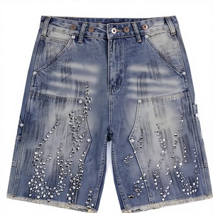 Fire Diamond Denim Shorts Vintage Rhinestone Graphic Short Jeans Men Streetwear Harajuku Hip Hop Shorts - Product Image 1