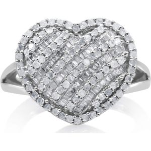 Anillo de compromiso con forma de corazón, 1.00 quilates en total, diamante blanco natural, corte redondo y baguette, plata de ley 925, talla 9, para mujer - Product Image 1