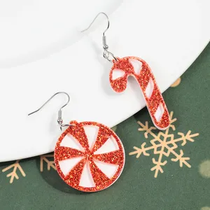 Yiwu Christmas Decoration Supplier Party Jewelry Lovely Red Glitter Resin Candy Cane Student Gift Acrylic Drop Earrings Women