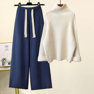 <span class=keywords><strong>Pull</strong></span> en tricot en cachemire à manches longues à col roulé pour femmes d'automne pantalon ample ensemble en cachemire - Product Image 4