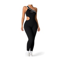 Combinaison sans manches asymétrique pour femme, avec découpes à la taille, bordure contrastante, en tricot côtelé, longueur intégrale, en nylon et élasthanne, pour Pilates, avec LOGO