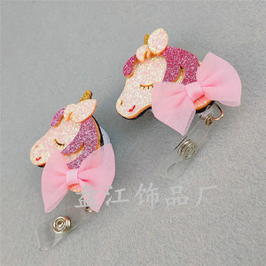 Cross-border spot felt pink bow unicorn easy-open <b>buckle</b>, fabric retractable name tag, nurse name badge. - Product Image 2