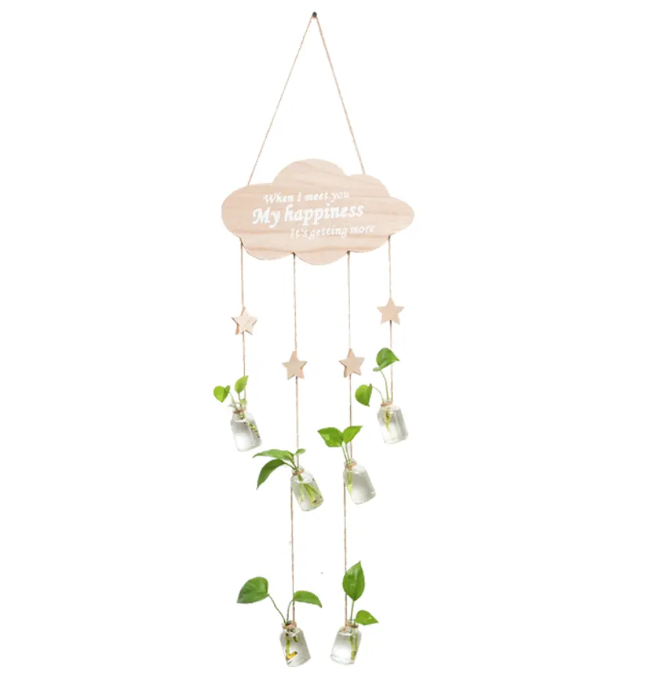 Hängende Pflanzer-Wanddekor-Glas blumenvase der neuen Design wolken form mit dem hölzernen Stern mond