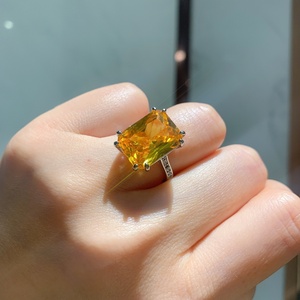 Fashion Jewelry Eco-friendly Copper 12*16mm Cubic Zirconia Imitation Yellow Topaz <b>Adjustable</b> Open Band <b>Ring</b> for Women - Product Image 1