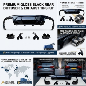 Diffuseur de pare-chocs arrière noir brillant avec embouts d'échappement quadruples pour Audi Q5 SQ5 B9 FY 2018-2021 - Product Image 4