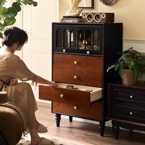 French Retro Solid Wood <b>Chest</b> Of Drawers Vintage <b>Storage</b> Cabinet For Bedroom Small Apartment Home Use Side Cabinet Color - Product Image 1