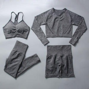 Ensemble 2 pièces de leggings de yoga avec soutien-gorge à manches longues, taille haute, coupe ajustée, design froncé aux fesses, en Spandex et Nylon, tenue de sport pour femme - Product Image 6