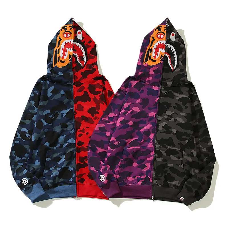 High-quality fashion brand BAPE Tiger Head Color Matching Camo Men's 100% Cotton Sweater High Street Leisure zip neck Hoodie