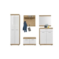 Meuble d'entrée moderne en chêne blanc, arbre d'entrée, ensemble de 5 pièces très brillant avec étagère à chaussures artisanale, banc, miroir, rangement durable