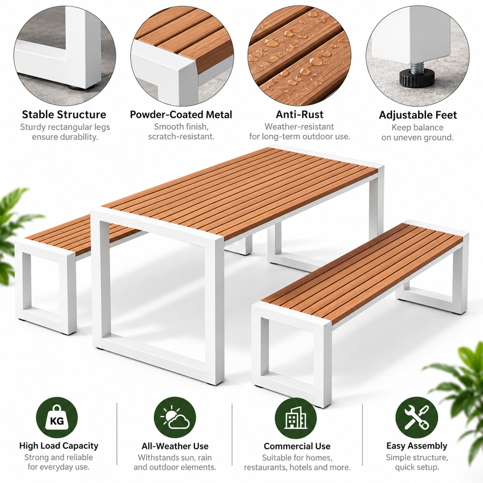 Outdoor Dining Table Set with 2 Benches, Metal Frame Wood-Look Tabletop ...