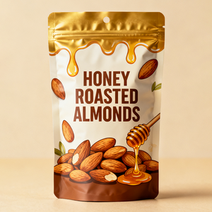 Bolsa de Mylar con Cierre, Personalizada, Impresa, de Grado Alimenticio, Laminada, Termosellada, de Alta Barrera, para Alimentos como Miel y <span class=keywords><strong>Almendras</strong></span> <span class=keywords><strong>Tostadas</strong></span> - Product Image 1