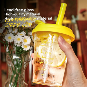 Vaso de Vidrio con Tapa Abatible y Pajita, con Frase Francesa Impresa, <span class=keywords><strong>para</strong></span> Uso Diario Informal - Product Image 5