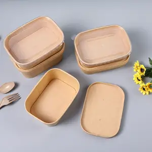 Cuenco de papel rectangular para ensalada, cuencos de papel Kraft rectangulares, cajas de embalaje de alimentos, cuenco de sopa para ensalada de papel artesanal con tapa