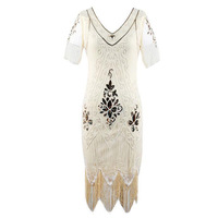 Robe de soirée style années 1920 pour femme, robe moulante à sequins, col en V, robe midi, franges, manches courtes, robe de soirée formelle en polyester