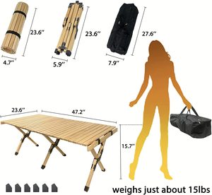 Mesa de pícnic portátil con bolsa de transporte, plegable, de madera, altura ajustable, enrollable, para interiores y exteriores