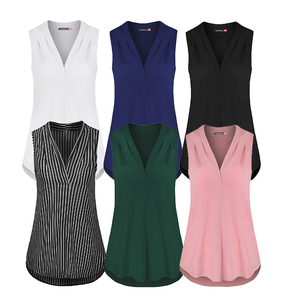 Venta caliente verano Casual Oficina plisado dobladillo sin mangas cuello en V señoras blusas y Tops vestido camiseta sin mangas para niñas mujeres Mujer - Product Image 1