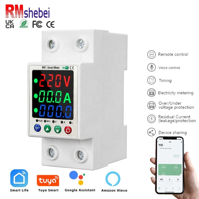RMshebei 63A Tuya Single Phase Circuit Breaker WIFI Smart Energy Meter Kwh Metering Monitoring Timer Relay for Smart Life 220v