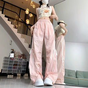 قماش تنفس منتصف الخصر شقة الجبهة السراويل الرياضية عارضة النساء الصيف فضفاضة مستقيم الساق مظلي عادي مصبوغ طويلة - Product Image 3