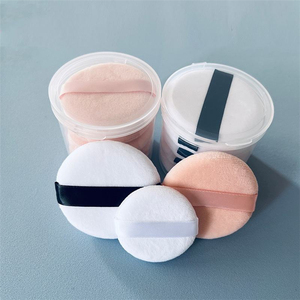 Houppette <span class=keywords><strong>de</strong></span> maquillage ronde douce pour poudre fixatrice, en gros, houppette moelleuse pour poudre libre, logo personnalisé avec ruban - Product Image 3