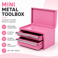 Vente en gros de coffre à outils en acier rose miniature de haute qualité Guanpin, avec couvercle rabattable, 2 tiroirs, organisateur de bureau, garantie d'un an