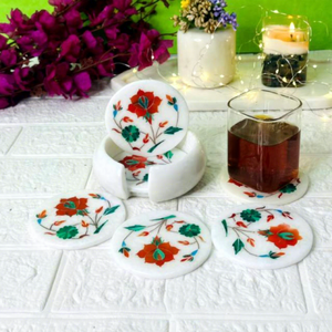 Juego de posavasos de piedra natural con diseño Floral maravillosamente único, mejor precio, venta al por mayor, incrustaciones de mármol de colores para Cafe Bar, juego de regalo - Product Image 1