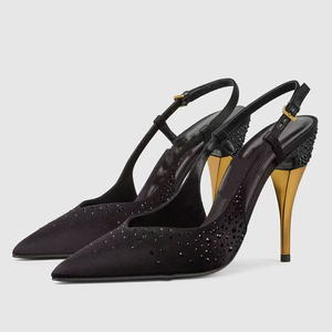 Sandalias de tacón alto de seda doradas para mujer, con punta, correa trasera, pedrería pequeña, estilo stiletto, slingback, para verano - Product Image 3