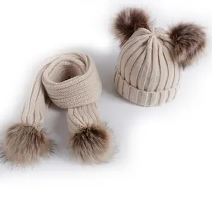 Sciarpe inverno Faux Raccoon Cap Fur Pom Pom Kids knit Beanies kids beanie Baby cappelli lavorati a maglia sciarpa